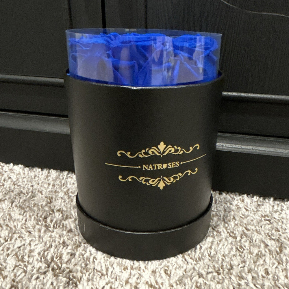 NATROSES Artificial Blue Rose Bouquet Arrangement in Black Round Gift Box