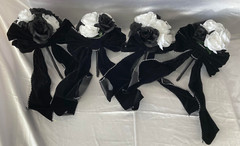 Wedding Bouquet Set, Black & White Roses, Black Velvet Bows, 21 Pc Flowers