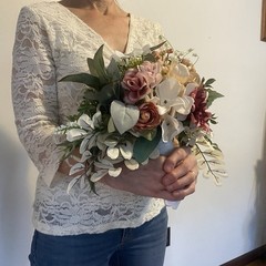 Bridal Wedding Bouquet Hand made Budget Friendly Faux Flowers White Pink Green
