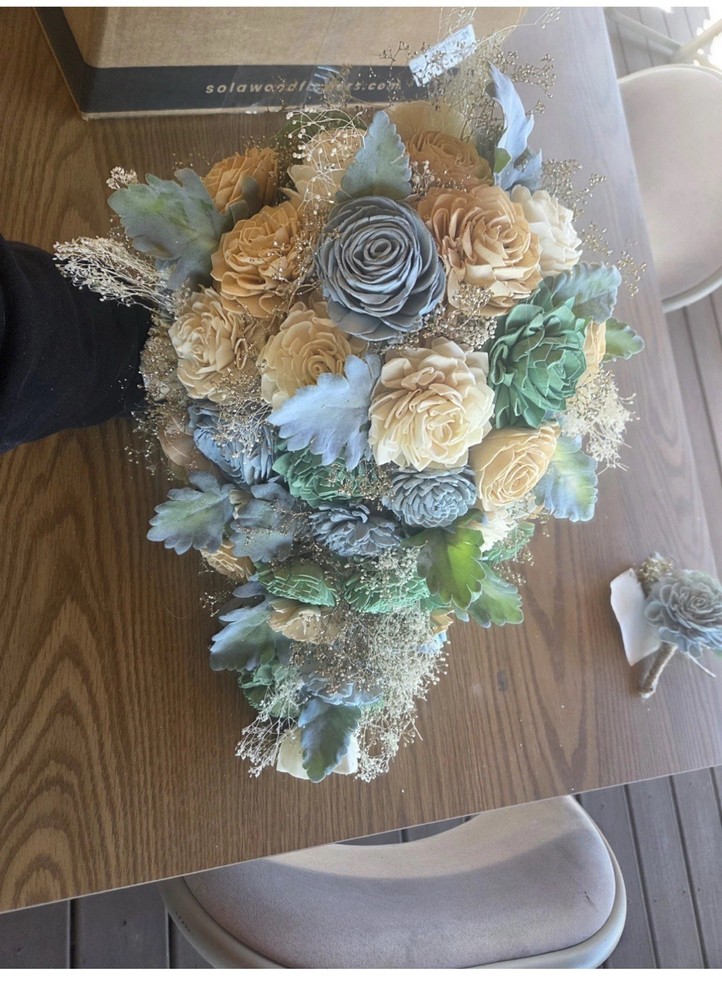 Dusty Blue Sola Wood Cascading Bridal Bouquet, 3 Bridesmaid Bouquets