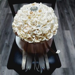 Elegant Handmade Cream White Wedding Bouquet with Pearls, Ribbons & Accessories