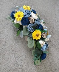 Sunflower Bridal Bouquet Dusty Blue Sola Wood Flower Navy Yellow Wedding Cascade