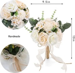 9.5In Wedding Bouquets for Bride Bridesmaid, Champagne Roses White Artificial Fl