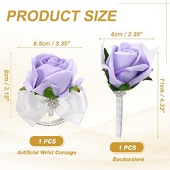 2Pcs Wrist Corsage Boutonnieres Set with White Ribbon, Light Purple