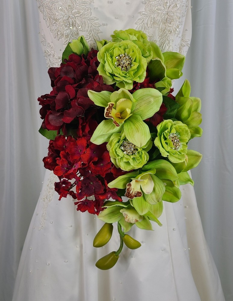Wine and Green Teardrop Faux Silk Wedding Bouquet