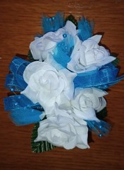NEW 5″ Artificial White Rose Wrist Corsage Blue Bow, Tulle Tufts W/Pearls, Bout