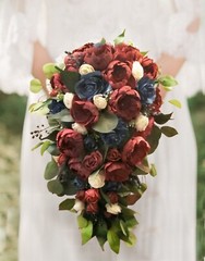 Burgundy Navy Blue Cascade Bridal Bouquet Artificial Sola Wood Wedding Flowers