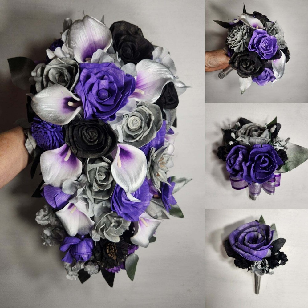 Purple Silver Black Rose Calla Lily Real Touch Bridal Wedding Bouquet Accessorie