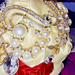 Bridal Satin Rose Brooch Bouquet w/ Rhinestones & Pearls Red Ivory Wedding