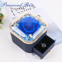 Gifts for Mom Preserved Real Blue Rose with Necklace B Dark
