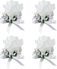 Handmade White Wedding Wrist Corsages – Luxurious 4-Pack for Special Occasions