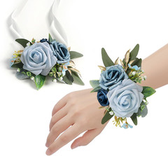 Set of 6 Dusty Blue Flowers Wrist Corsage for Wedding Artificial Flower Wrist…