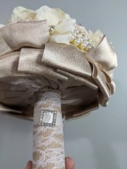 Brooch Bridal Bouquet with Ivory Hydrangea, Satin Rose, burlap, lace, and pearls