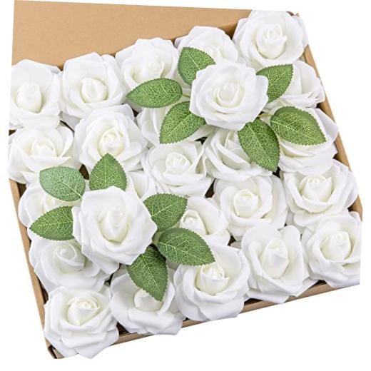 25Pcs White Artificial Roses Flowers with Stems – Real Touch