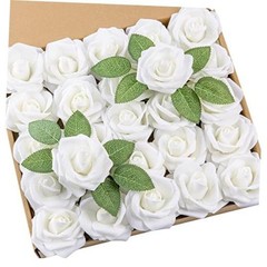 25Pcs White Artificial Roses Flowers with Stems – Real Touch