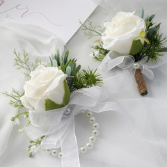 Ivory Rose Wrist Corsage Wristlet Band Bracelet and Men Boutonniere Set for Whit