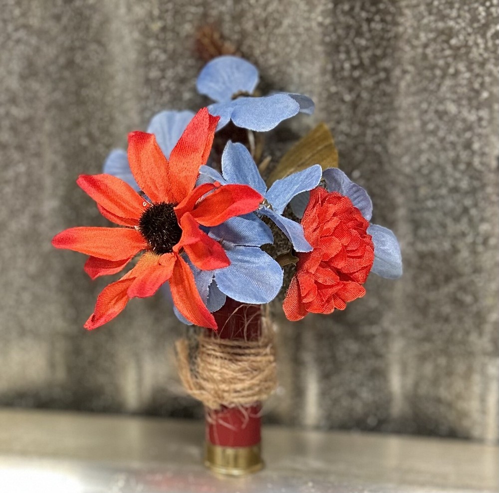 Shotgun Shell Boutonnière w/ Flower Mix, Wrapped in Burlap String Wedding