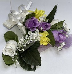 Bridal Wedding Floral Bouquet corsage and boutonniere, white roses, purple