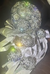Bride Brooch Bouquet Wedding Silver Grey Base Clear Rhinestones￼ 5pc set