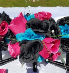 Wedding Bouquet Set – Black, Bright Pink, Turquoise Rose Flowers – 26 pieces