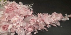 Vintage Silk Wedding Bouquet, Pink, 18″ Satin Leaves, Roses, Stephanotis, Pearls