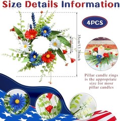 4 PCS Patriotic American Candle Rings Wreaths Artificial 4th of July Floral Cand