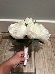 Artificial White Peony Wedding Flower Bouquet with Green Leaves, Wrapped Handle