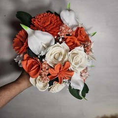 Coral Ivory Rose Calla Lily Sola Wood Bridal Wedding Bouquet Accessories