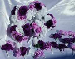 20 Pc Wedding Bouquet Set, Purple Roses, Lavender Roses, White Roses