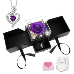 Sereney Preserved Purple Flower Rose with Necklace, Forever Purple,