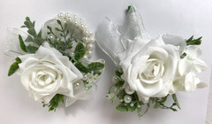 White Rose Corsage and Boutonniere Set Pearl Wristlet For Wedding 2 Pcs