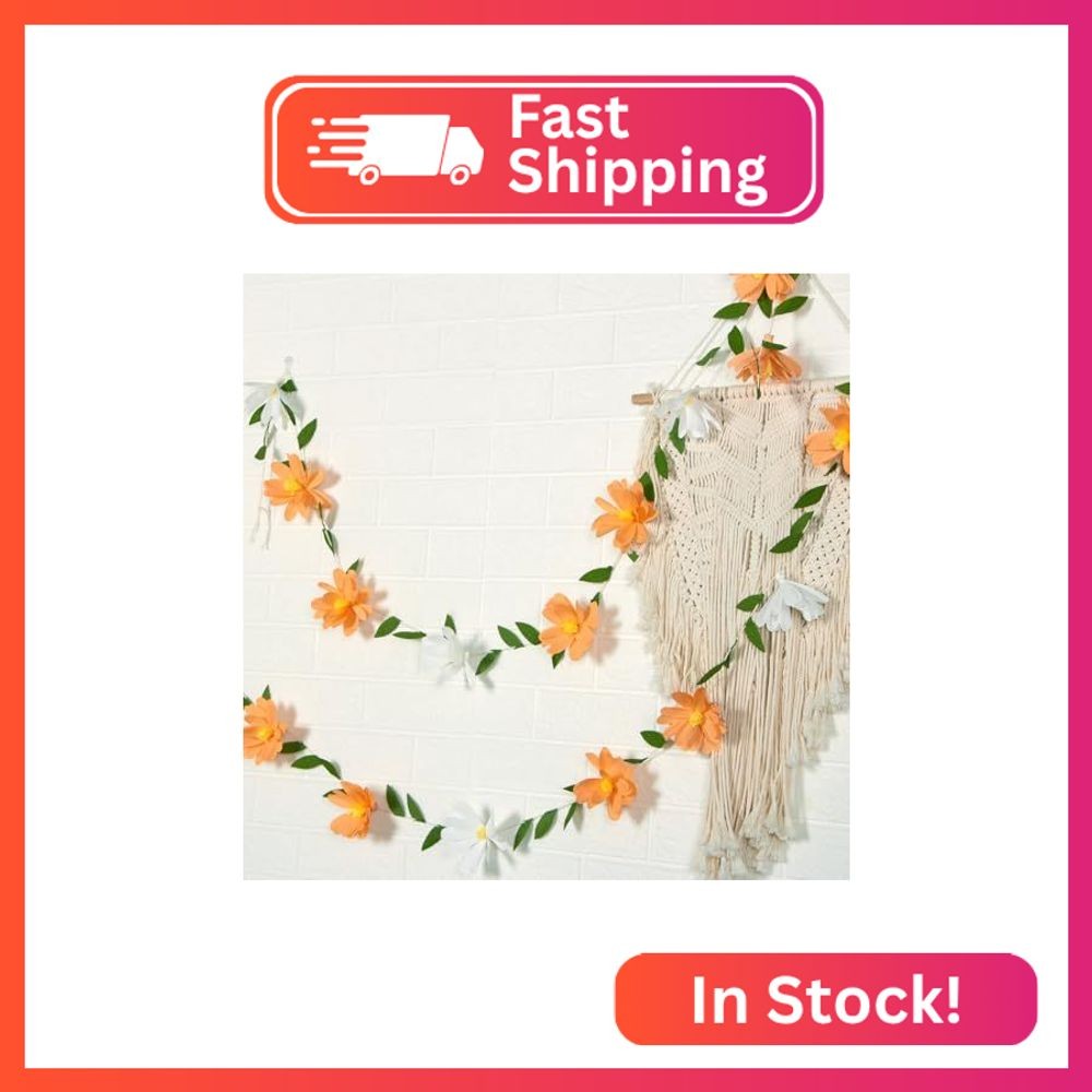 EASY JOY Crepe Paper Flowers Banner White Orange Floral Banner Spring Hanging Pa