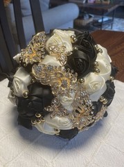 NEW Quinceañera or Wedding Bouquet Black & Ivory with Gold Brooches