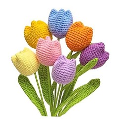 Crochet Flowers, 7PCS Fake Tulips Artificial Flowers Handmade Knitted Tulip