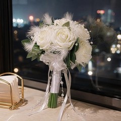 Wedding Rose Bouquet Bridesmaid Flower Bouquets, 11″ Feather White Rose Boho Wed