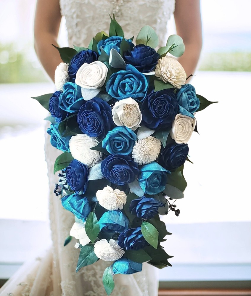Blue Bridal Cascade Bouquet Sola Wood Turquoise White Cascading Wedding Flowers