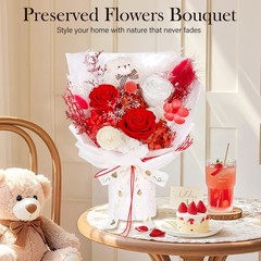 Preserved Flowers Bouquet with Bear, 3 Real Forever for Delivery, Red