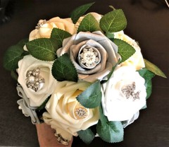 Silver, White & Cream Rose Bridal Bouquet Rhinestone & Pearl Brooch Decoration