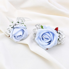 2Pcs Light Blue Rose Corsage and Men Boutonniere Set Women Wristlet Band Wris…