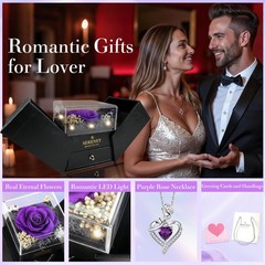 Sereney Preserved Purple Flower Rose with Necklace, Forever Purple,