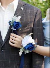 Blue White Corsage Boutonniere Set Prom Wedding Homecoming Artificial Rose