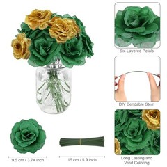 108pcs Roses Head Flowers with Stem – Emerald Green Gold Artificial Green-gold