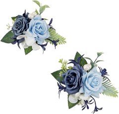 Dusty Blue Corsage and Boutonniere Set for Wedding Prom, Artificial Rose Flower