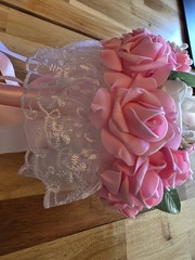 Artificial Pink White Rose Wedding Bouquet Lace Ribbon Fabric Floral Centerpiece