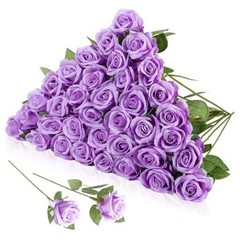 36 Pcs Silk Rose Bouquet Bridal Artificial Flowers,Fake Rose Long Stem Purple
