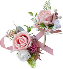 Corsage and Boutonniere Set with Pink Roses for Bride, Groom, Bridesmaids Grooms