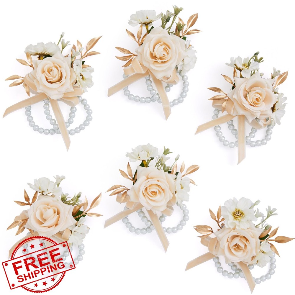 Serwalin 6pc Champagne Wrist Corsage Artificial Roses Wedding Prom Party