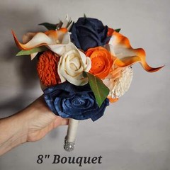 Orange Navy Blue Ivory Rose Calla Lily Sola Wood Bridal Wedding Bouquet Accessor