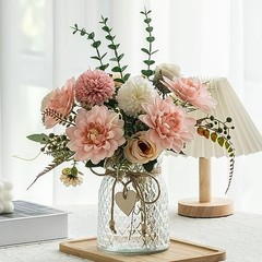 Fake Flowers with Vase,Faux Flowers in Vase for Home Decor,Silk Pink Dahlia 1