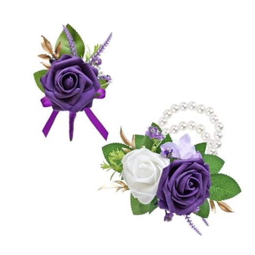 2Pcs Corsage and Boutonniere Set,Artificial Foam Rose,Groom Dark Purple